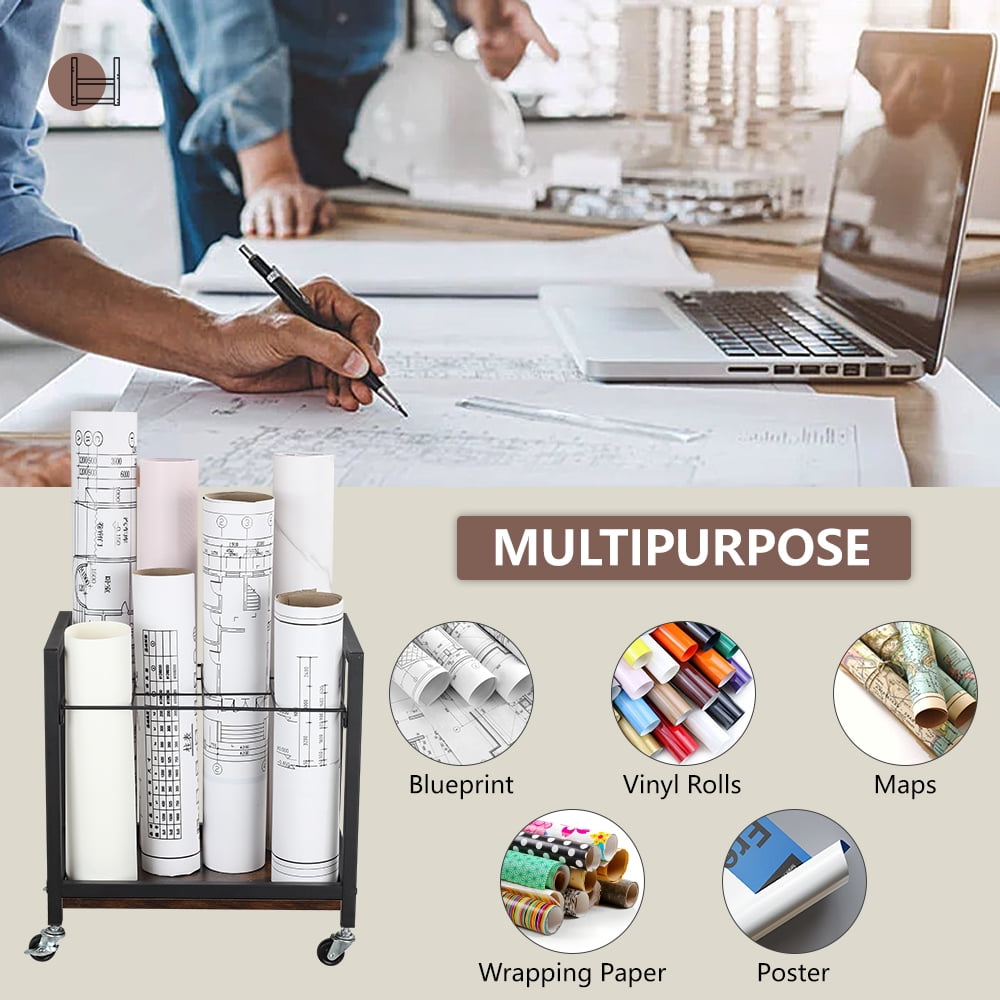 Blueprint Holder, Blueprint Storage Rack 12 Slots for Storing Blueprint Poster Architectural Construction Plan Wrapping Paper, Mobile Roll File Organizer with Wheels for Office