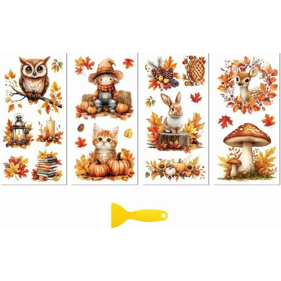 Rub on Transfer Decal Sticker for Furniture Craft Decor 6"x12" Warm Autumn 4Pcs Waterproof UV DTF Transfer for Drawer Dresser Glass Porcelain Wood Plastic Paper