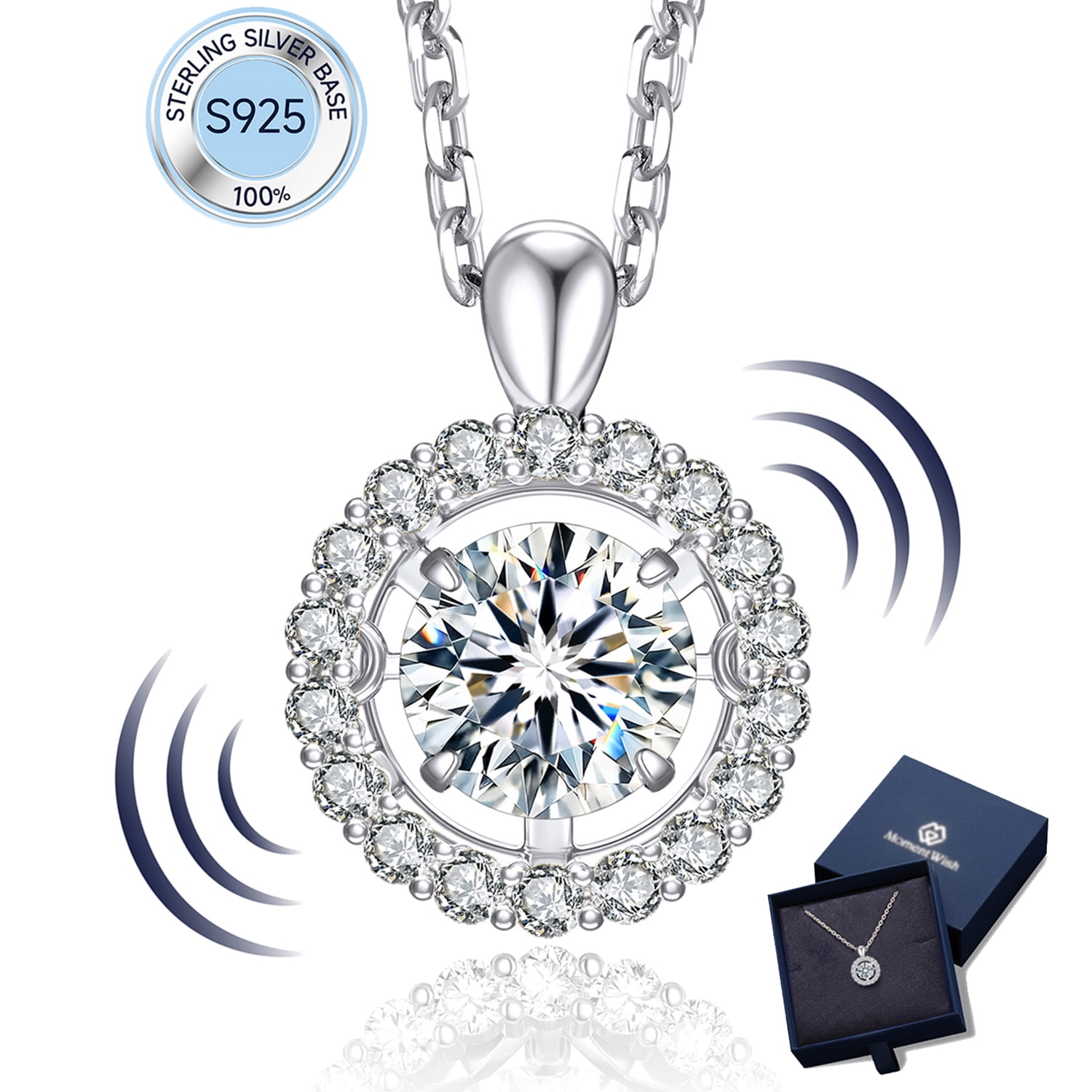 MomentWish 1 Carat Moissanite Halo Pendant Necklace for Women Dancing Simulated Diamond Necklace Sterling Silver Sparkling Gift for Her