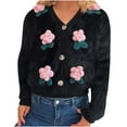 thumbnail image 2 of Suéter de cuello en V para mujer, manga larga, cuello en V, adorno floral, tejido, suelto, informal, cárdigan, top de poliéster para mujer, 2 of 5