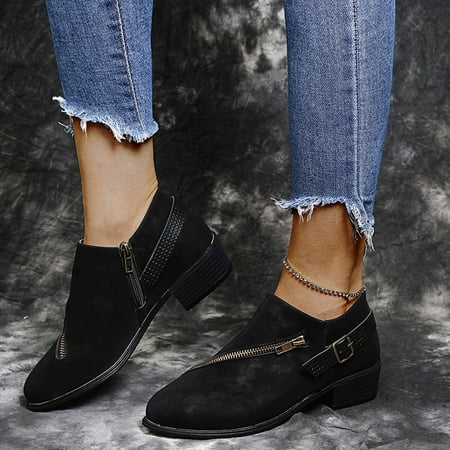 

TALKVE Retro Women Leather Flat Zipper Solid Color Short Booties Round Toe Shoes