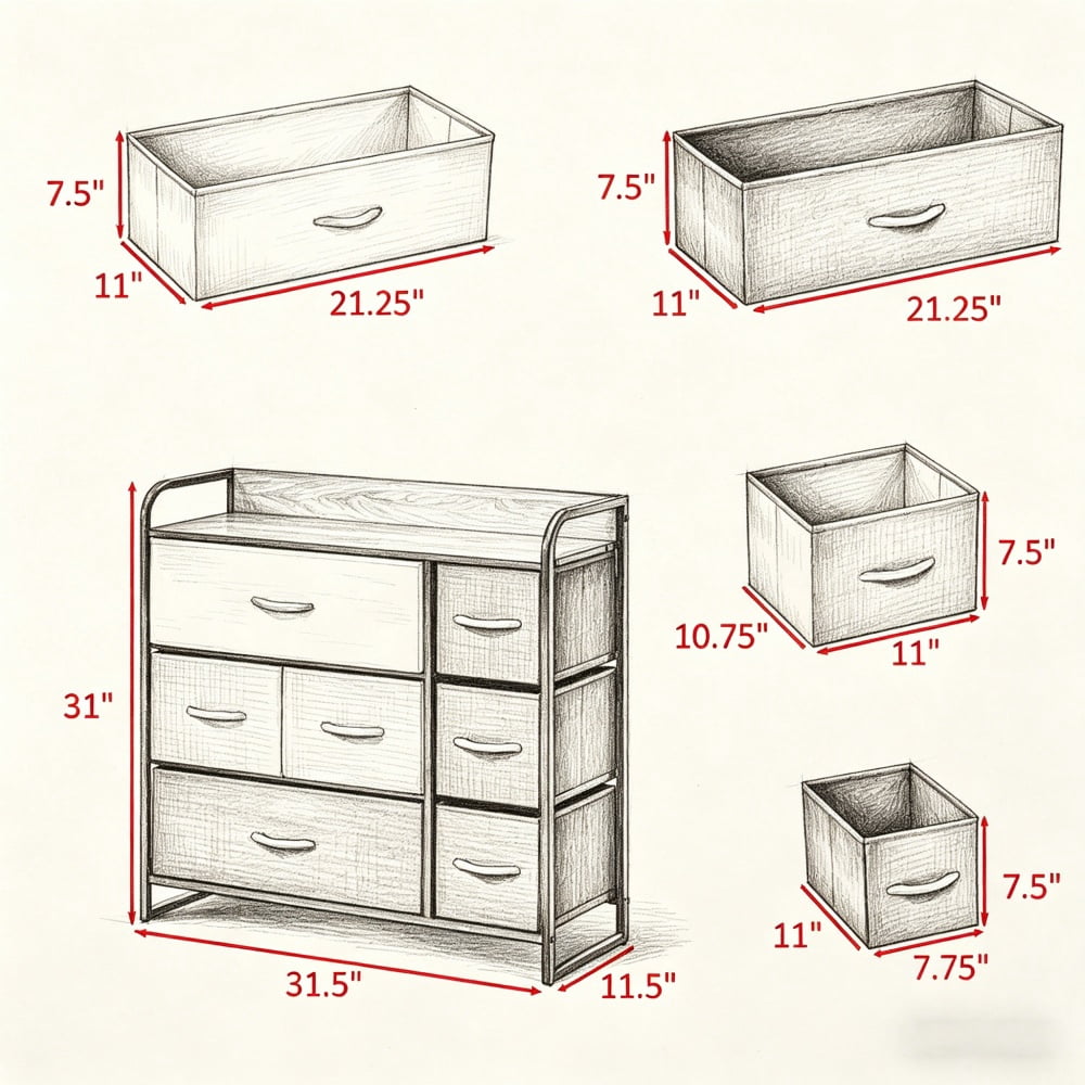 Maple Wood 7-Drawer Dresser, Fabric Storage Chest with Steel Frame & MDF Top, Anti-Tipping Organizer for Laundry Room Living Room Entryway