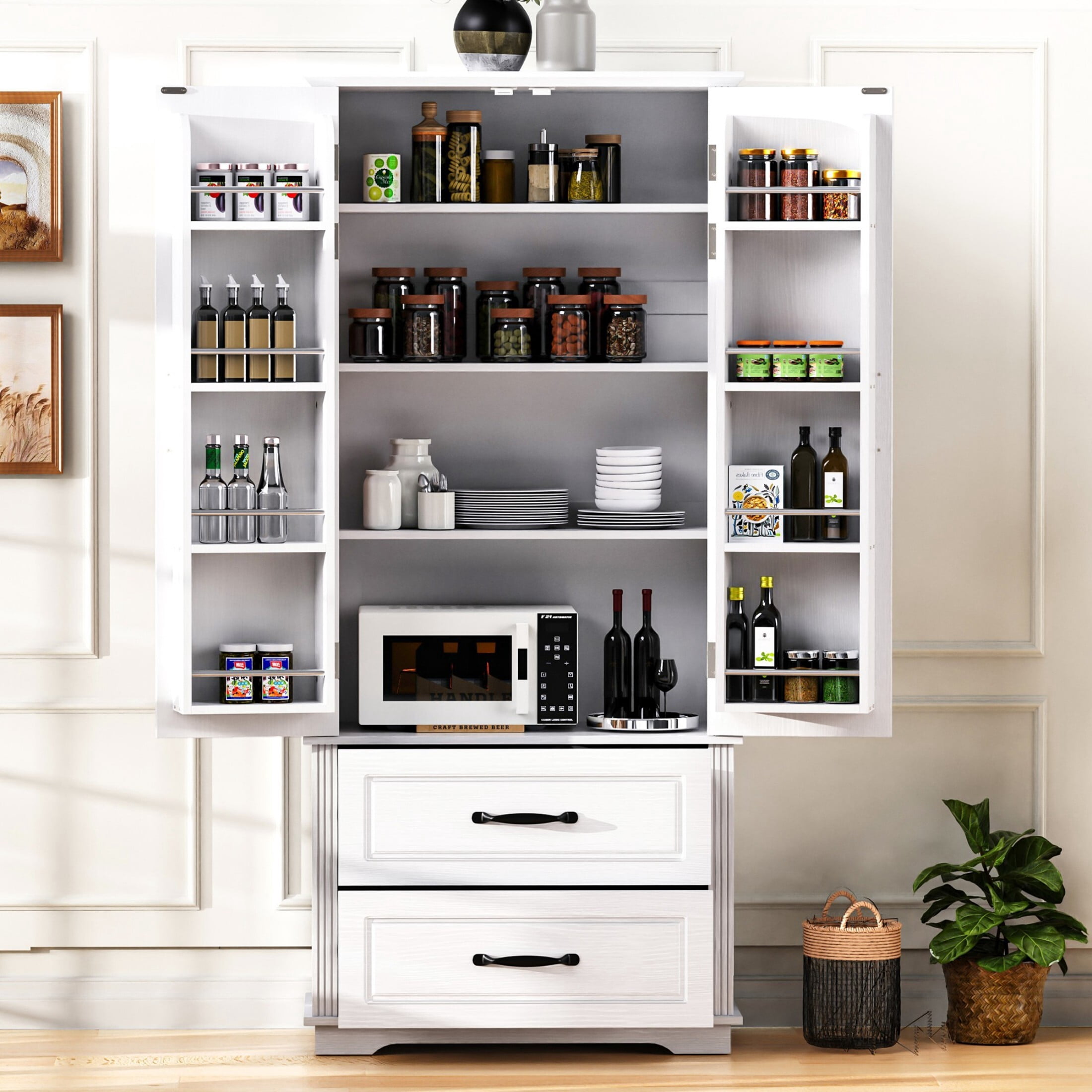AENKYO 71-inch Farmhouse Kitchen Pantry Cabinet with Adjustable Shelves & Spacious Storage, White Oak