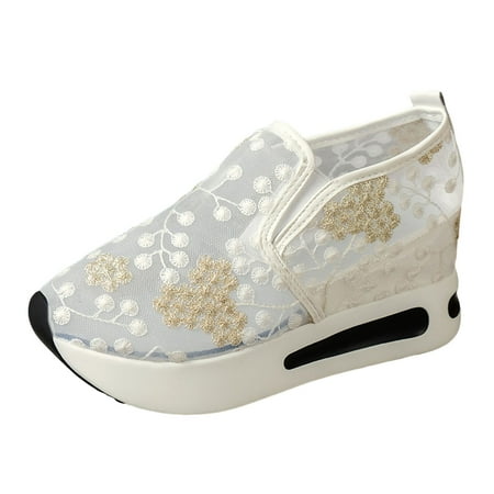 OJSFQUFP Women s Flats Ladies Fashion Breathable Lace Mesh Flower Embroidery Round Head Thick Bottom Comfortable Casual Shoes Leather Flats for Women Beige 37