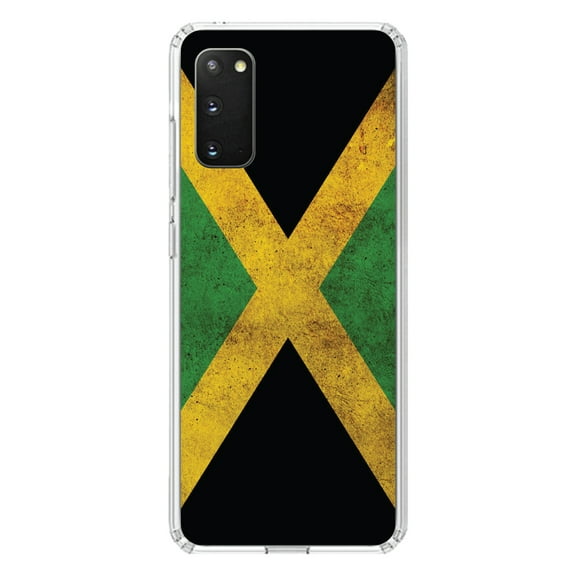 DistinctInk Clear Shockproof Hybrid Case for Galaxy S20 ULTRA / 5G (6.9" Screen) - TPU Bumper, Acrylic Back, Tempered Glass Screen Protector - Jamaica Old Flag Black Green Yellow - Jamaica