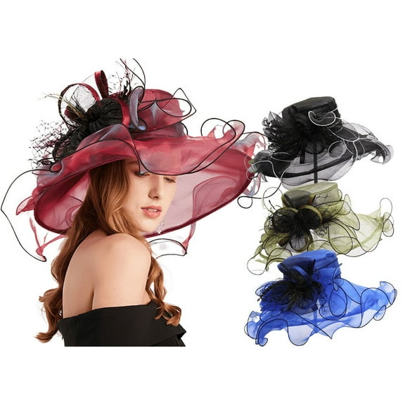 Yoyauz Women Sun Hat with Mesh Flower Decoration Wide Brim Hat Occasion Event Organza Fancy Church Dress Hat