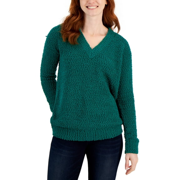 Style & Co Womens Teddy Boucle V Neck Sweater Aventurine L