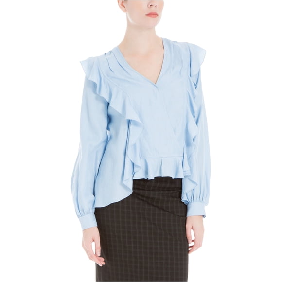 Max Studio London Blusa de punto con volantes para mujer, azul, pequeña
