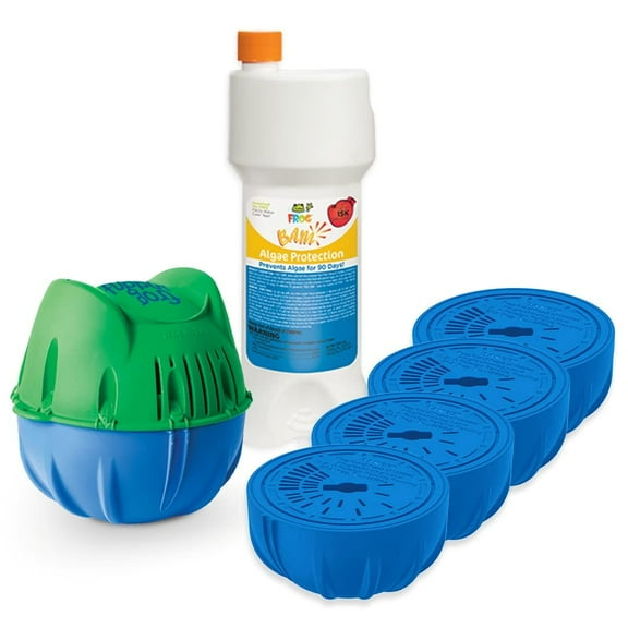 Flippin’ FROG Complete Floating Sanitizing System   4 Flippin’ FROG Replacement Chlorine Cartridges   FROG BAM 90-Day Algaecide