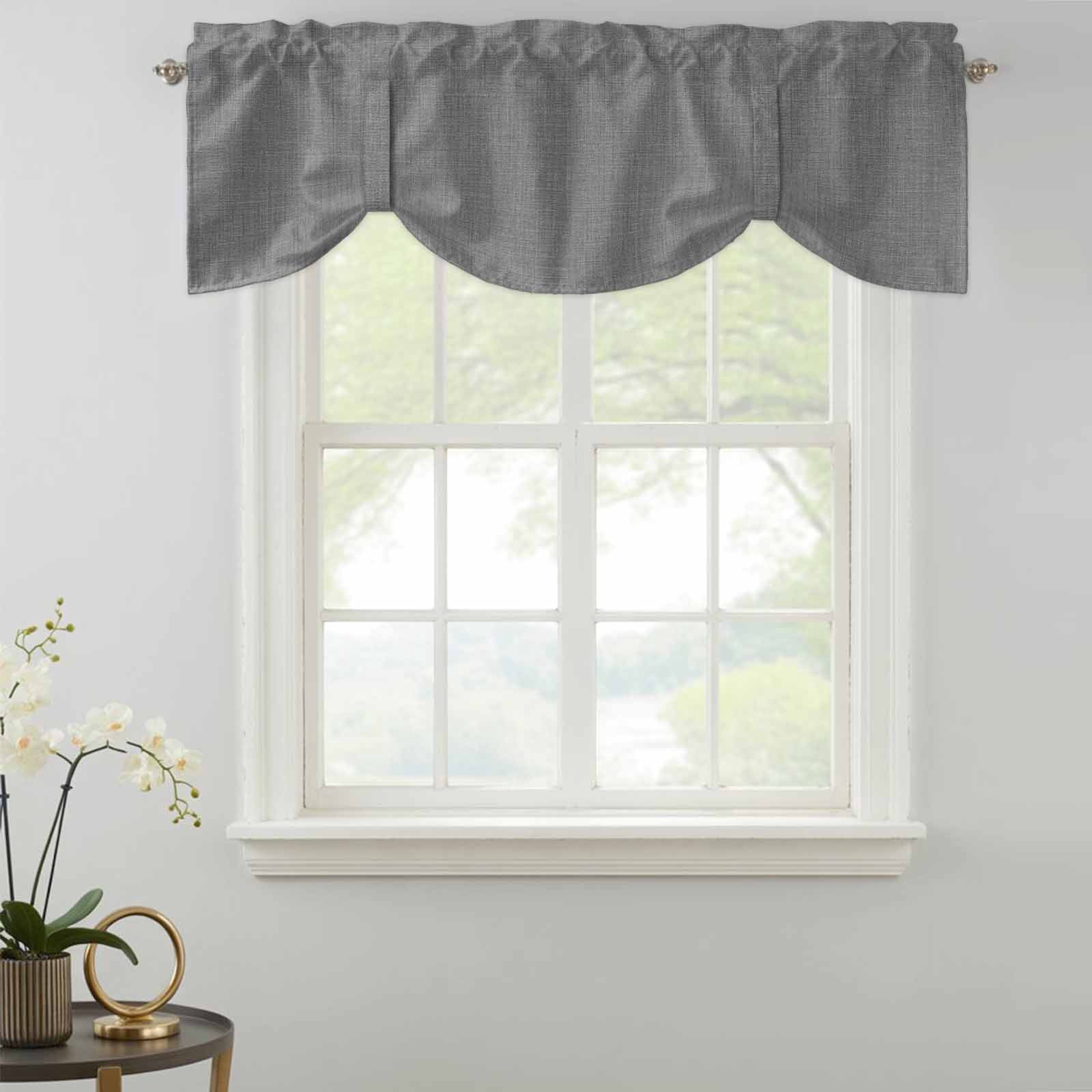 Tie Up Valances for Windows, Vintage Dark Gray Adjustable Valance Curtains Window Treatment for Living Room, Farmhouse Retro Solid Color Linen Texture Rod Pocket Kitchen Curtains & Drapes 54x18 Inch