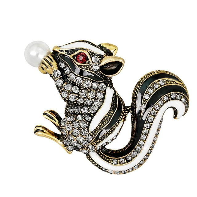 Broche de ardilla con cristales de imitación de perlas y diamantes de imitación de moda. Negro