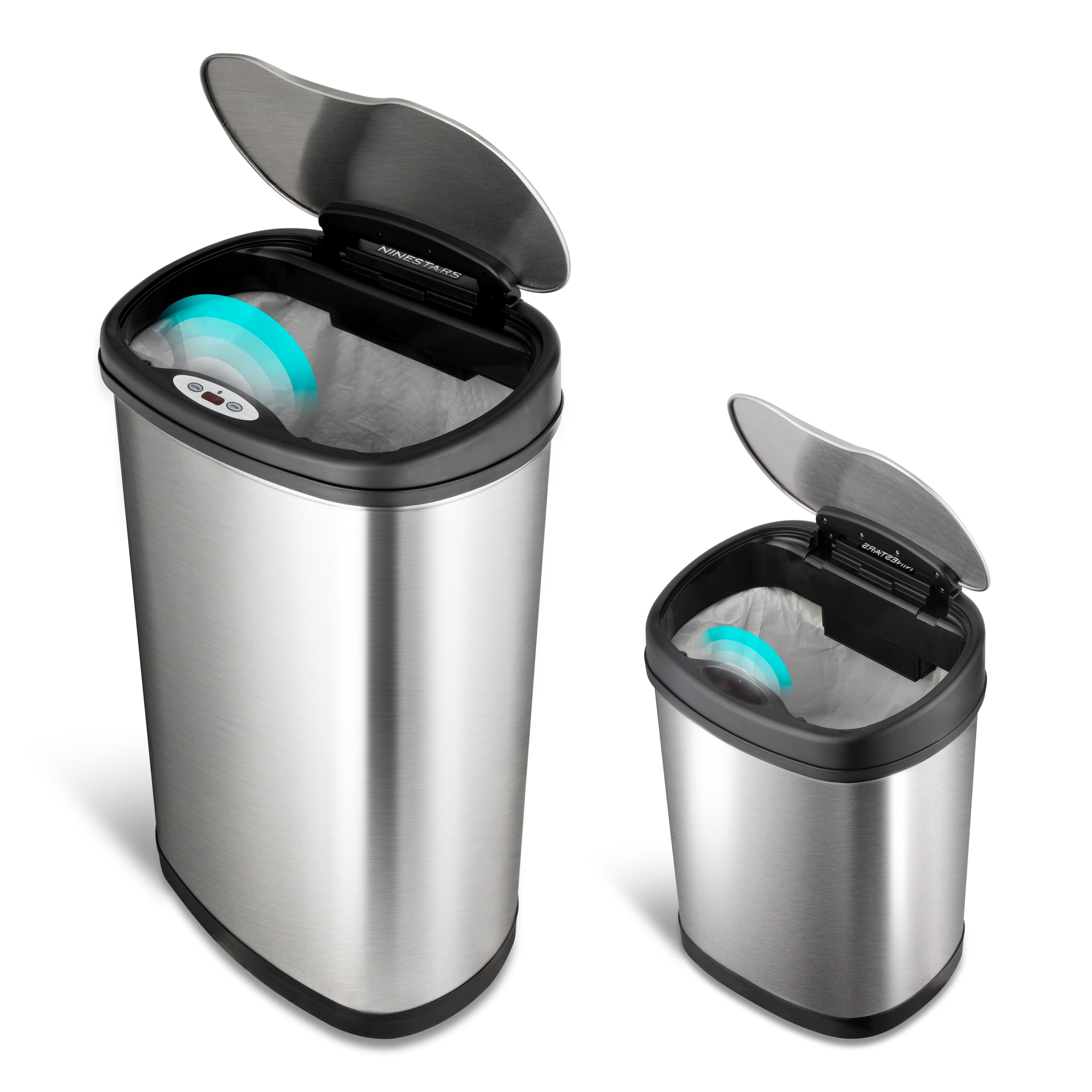 Nine Stars Automatic Kitchen Trash Can Combo, 13 Gallon + 3 Gallon Stainless Steel, Motion Sensor Hands-Free Soft-Close Lid Garbage Bin, Silver