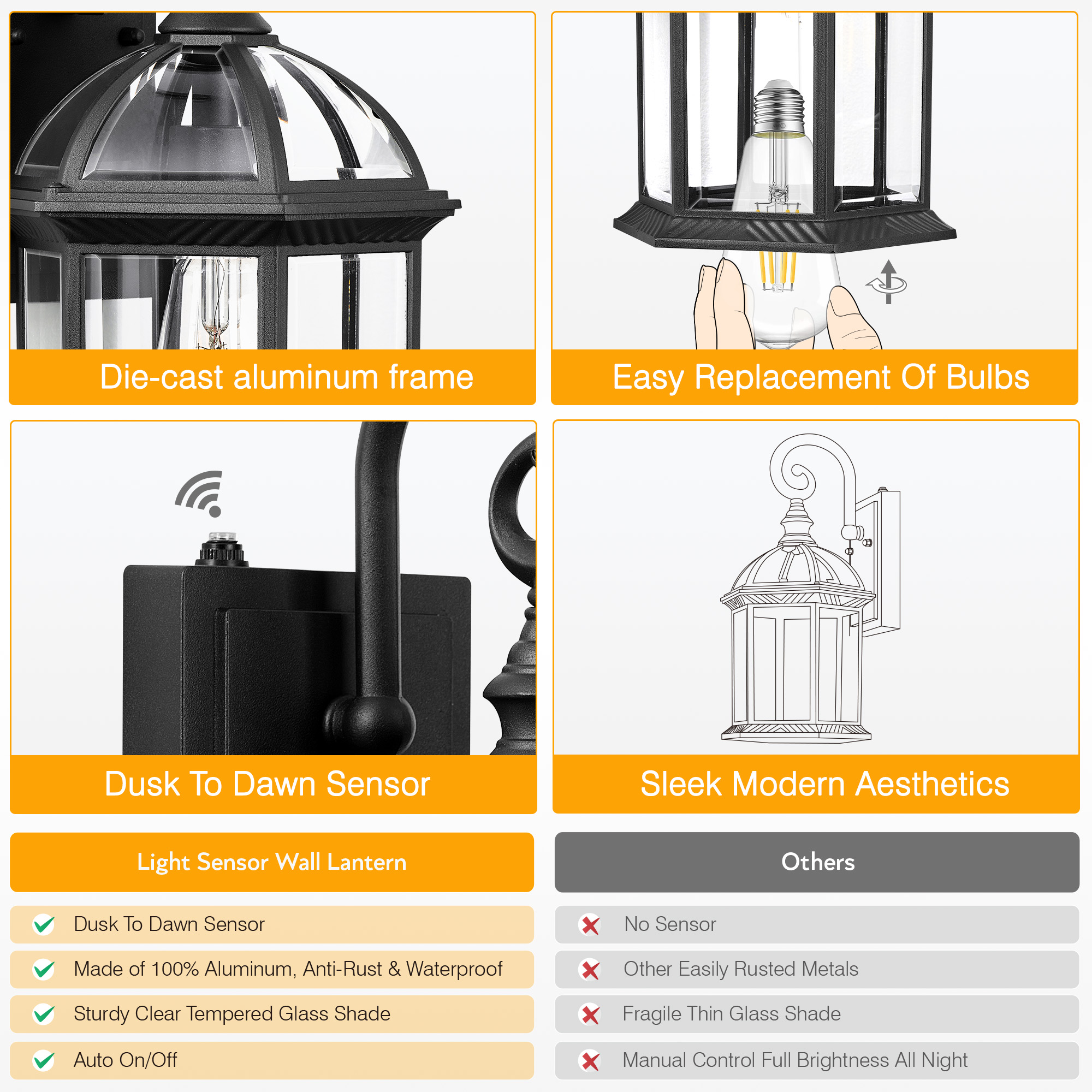 VIANIS 15.7" Large Outdoor Wall Lights, Black Exterior Lighting Fixtures with Tempered Beveled Glass, Anti-Rust Dusk to Dawn Outdoor Lighting for House, Waterproof Outdoor Sconce Lights for Porch