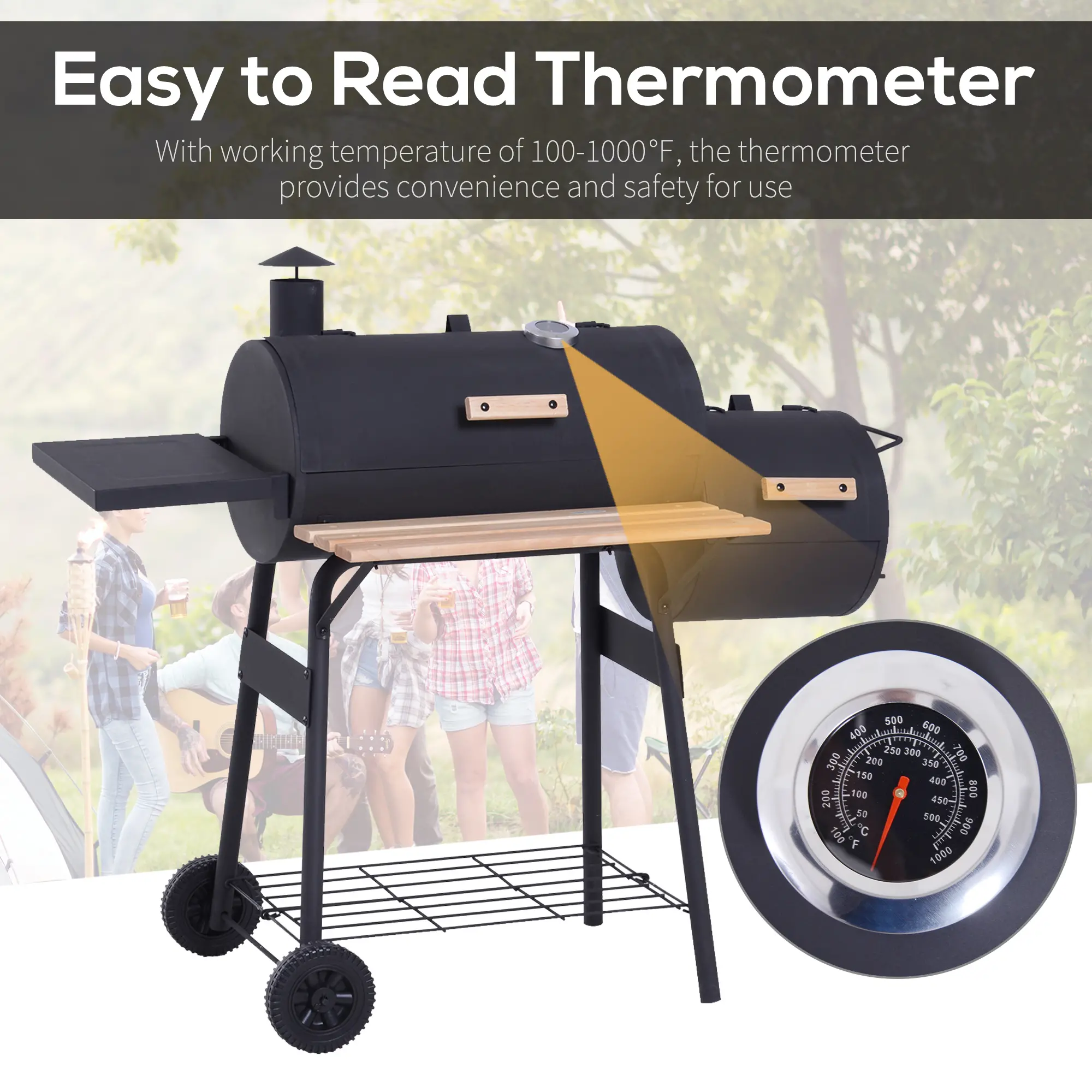 Portable Charcoal BBQ Grill with Wheels, Shelves & Thermometer, Black
