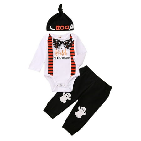 

Spring hue Baby Boy My 1st Halloween Bowtie Stripe Romper Bodysuit Pants Hat 3pcs Clothes