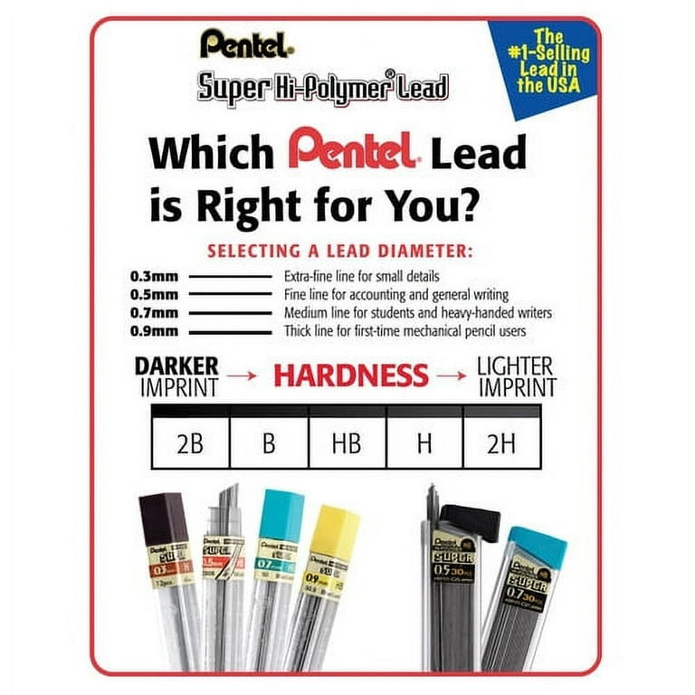 Pentel Super Hi-Polymer Leads - 0.5 mmFine Point - 2H - Black - 12 / Tube