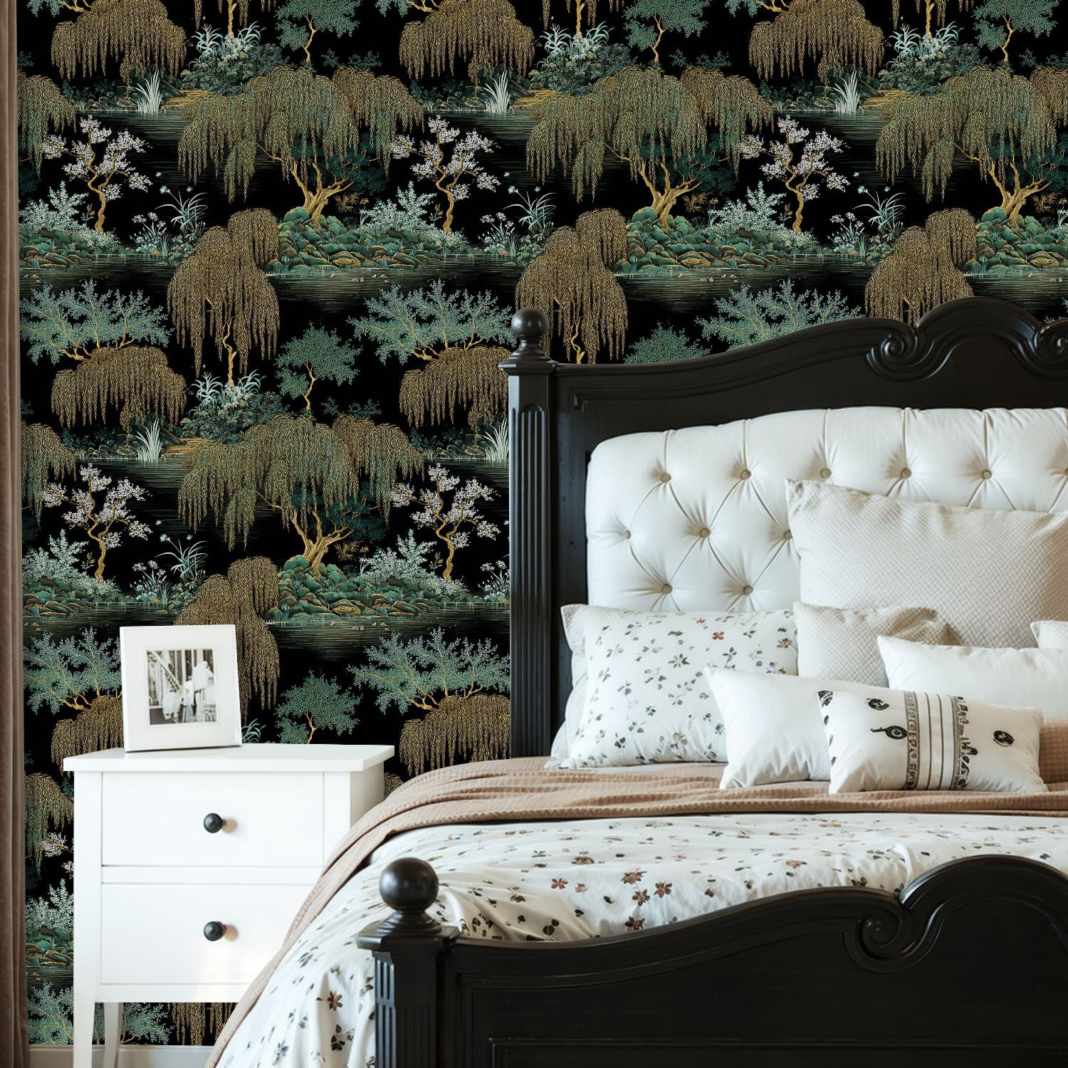 Peel and Stick Wallpaper Elegant Willow Blossom Garden Dark Wall Mural 23.6in x 9.8ft Self Adhesive Removable Wall Paper Renter Friendly Wallpaper for Bedroom Nursery Living Room