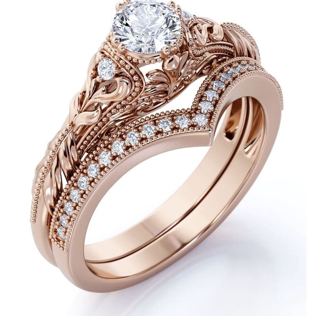 JeenMata Anillo de Bodas de Inspiración Victoriana con Diamante Real de Talla Redonda de 0,68 Quilates Grabado Engastado con Banda de Bodas de Chevron en Oro Rosa de 10 K
