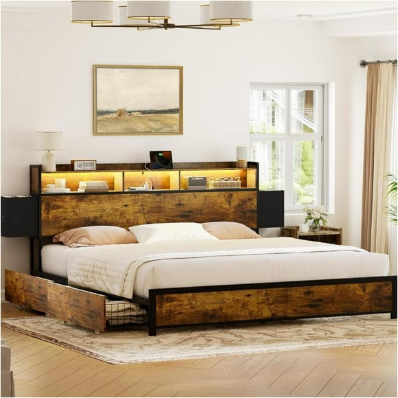 Base Cama King Size con 2 cajones de Almacenamiento en Cabecera