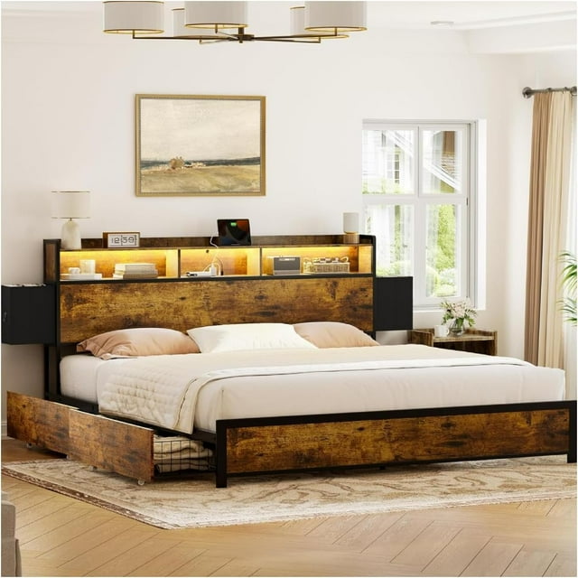 Base Cama King Size con 2 cajones de Almacenamiento en Cabecera