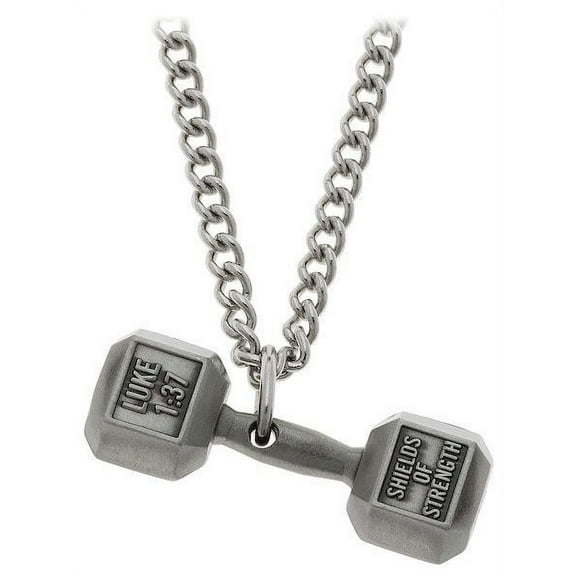 Men's Antique Finish Dumbbell Necklace-Luke 1:37 by Shields of Strength