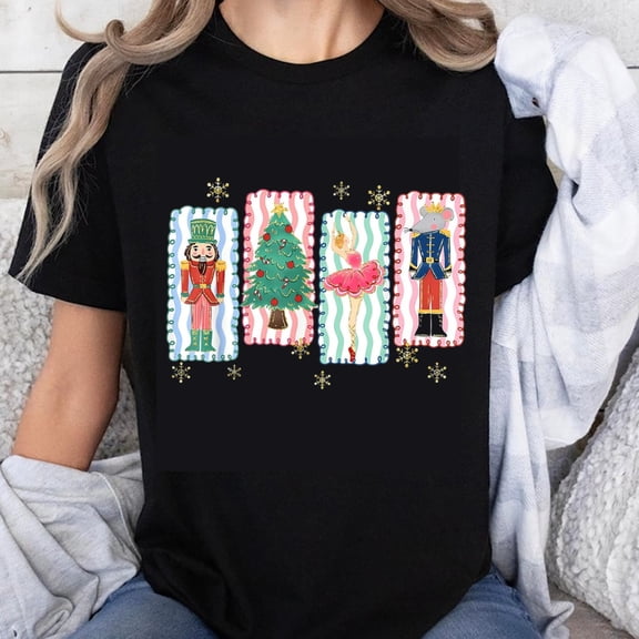 100% Cotton Christmas Nutcracker Ballet Tree Holiday T Shirt Women's Casual Festive Top Xmas Theme Graphic Tee