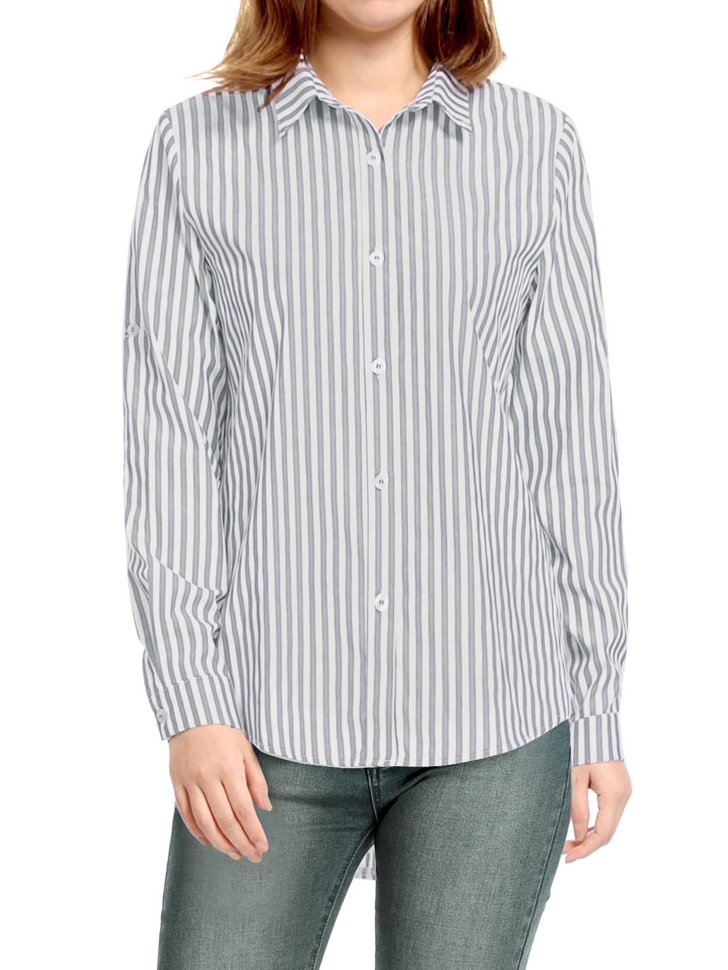 DARING DIVA Women's Button Down Long Sleeve Vertical Stripes Shirt S Gray