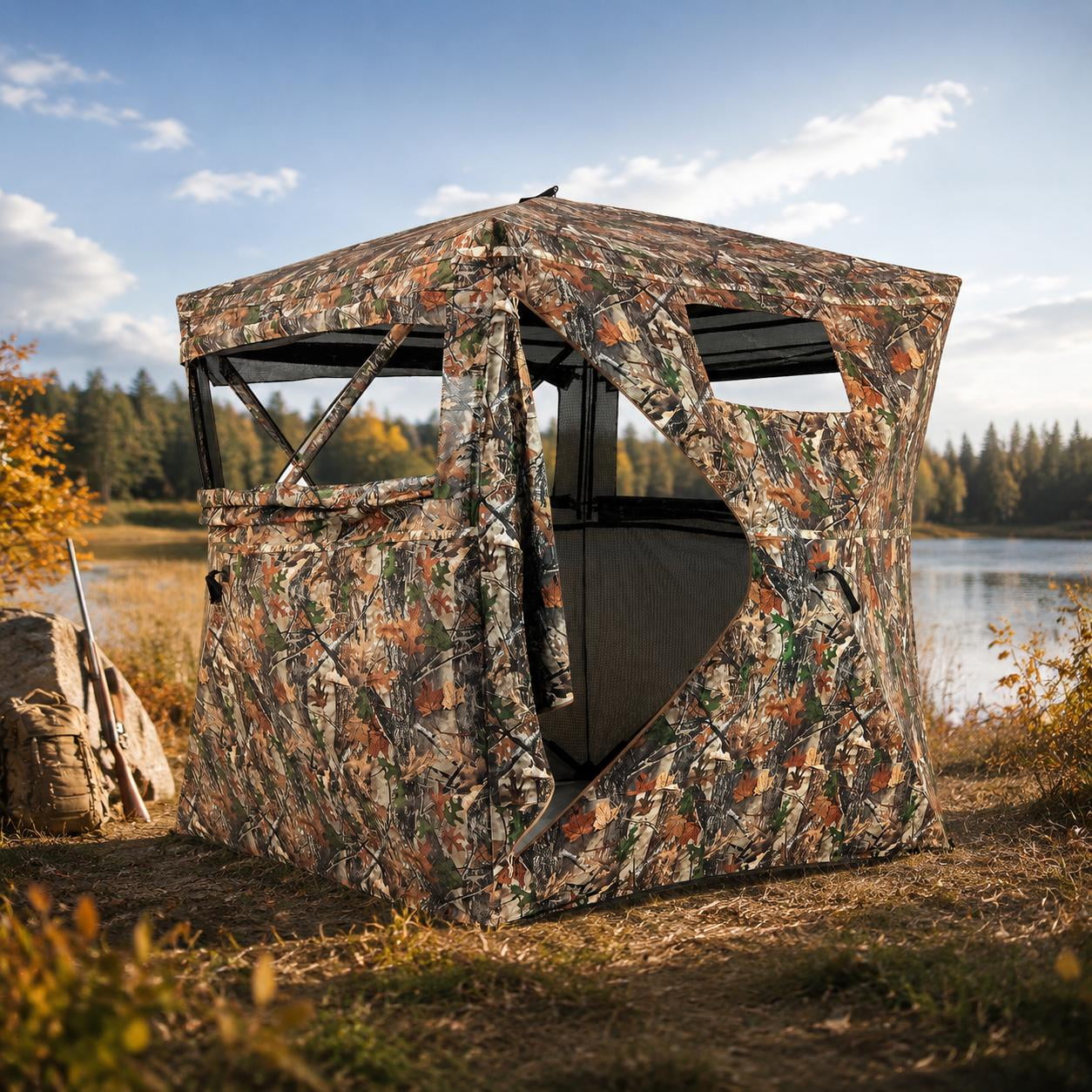82 Inch Tall Hunting Blind 270 Degree One Way See Through Ground Tent Camouflage Pop up Blind for 3-4 People