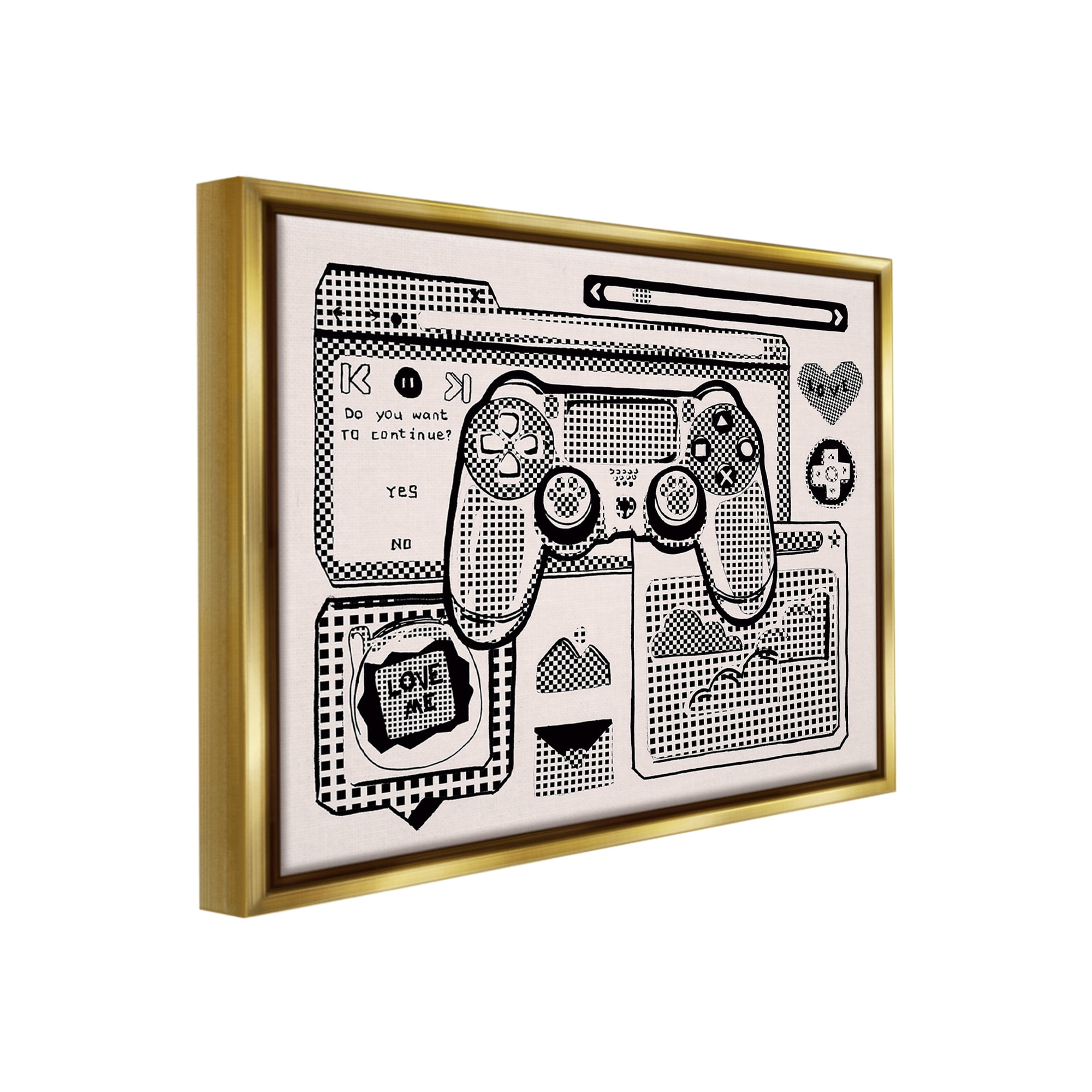 Stupell Industries Retro Gamer Collage Typography Painting Gold Floater Framed Canvas Art Print Wall Art, 31 x 25