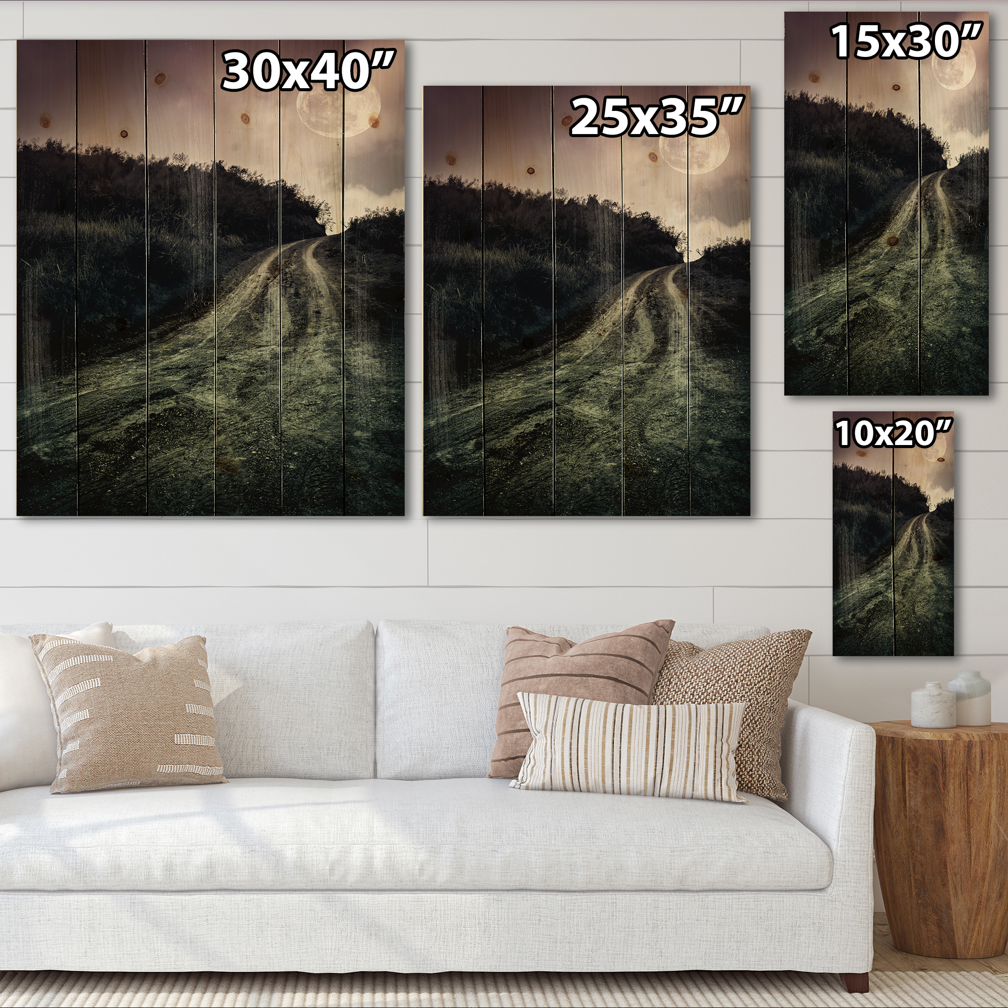 Designart 'Countryside Muddy Road Under Full Moon' Modern Print on Natural Pine Wood