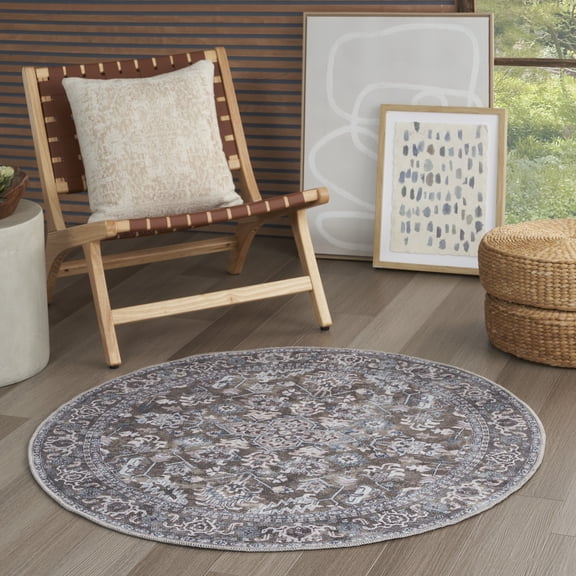 Nourison Home Machine Washable Series 1 4' x Round Olive Ivory Vintage Indoor Rug