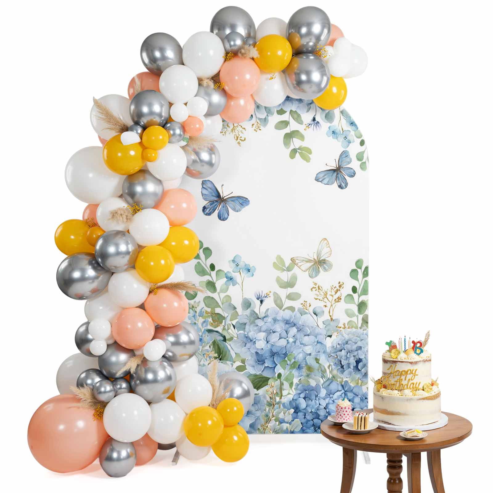 Blue Hydrangea Arch Backdrop Cover 7.2 Ft Rustic Summer Blue Floral Butterfly Spandex Fitted Stretchy Arch Cover, Round Top Chiara Backdrop Cover for Wedding Birthday Baby Shower