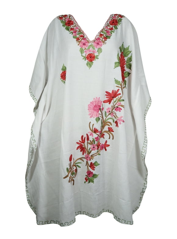 Mogul Women White Floral Embroidery Caftan Dress V-Neck Kimono Resort Wear Mid Length Cover Up Kaftan Dresses One Size