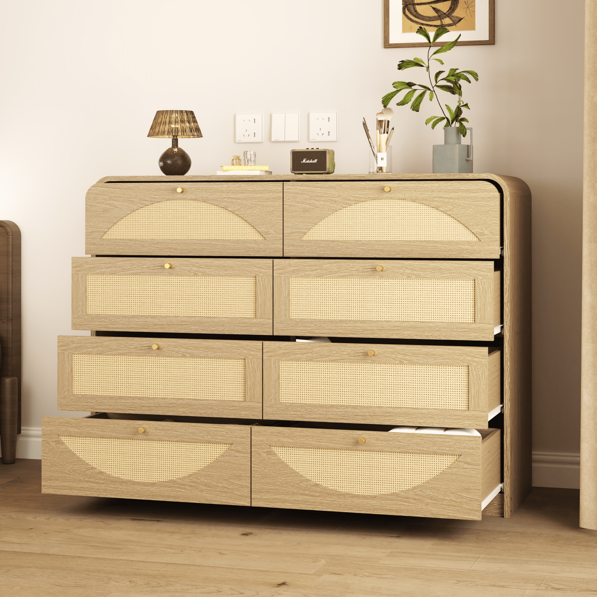 Leumius 8‑Drawer Dresser with Rattan Front, Wide Particle Board Chest of Drawers, Modern Wooden Storage Cabinet for Bedroom Living Room Natural