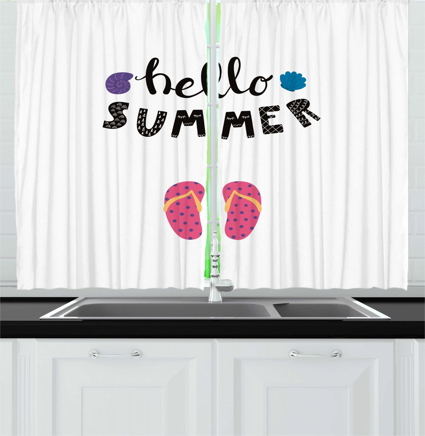 Summer Curtains 2 Panels Set Hello Holiday Hot Days Flip Flops Pretty Seashells Typography Cursive Window Drapes For Living Room Bedroom 55 W X 39 L Charcoal Grey Multicolor By Ambesonne Walmart Com Walmart Com