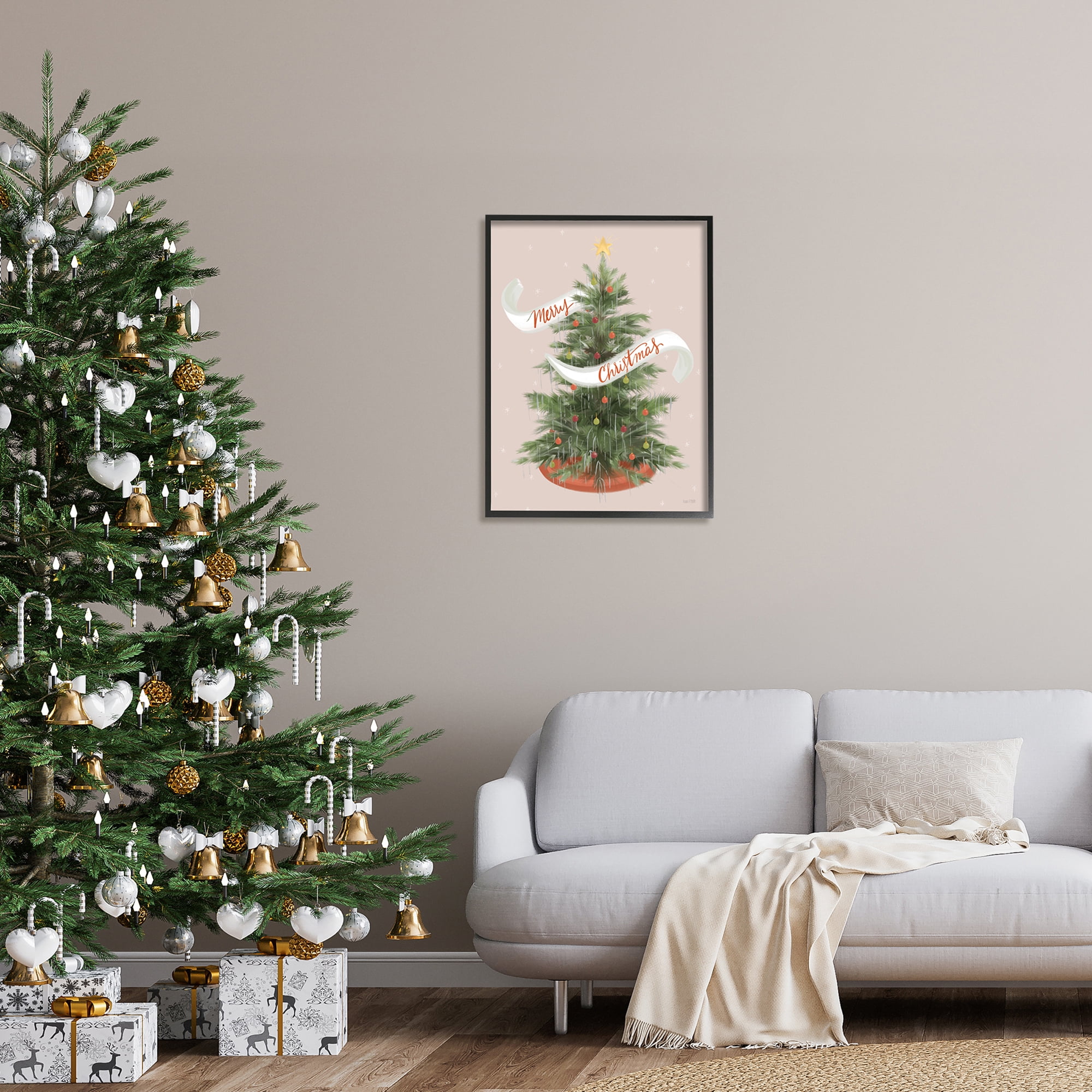 Merry Christmas Banner Decorated Christmas Tree Ornaments Botanical & Floral Graphic Art Framed Art Print Wall Art