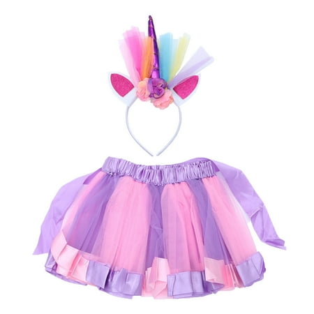 

Girls Half Tutu Skirt Rainbow Dress Unicorn Headgear Set Summer Birthday for Girls - Size L (Light Pink and Purple The Color of