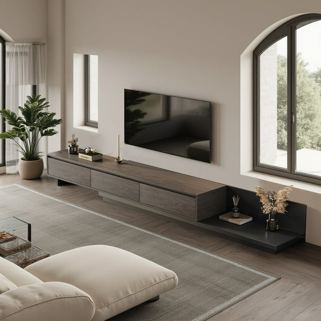 NessCarsti Mid-Century Modern TV Stand for 100" TVs, 78.7"-130"Black Walnut Console with Storage