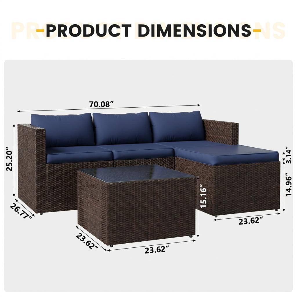 UDPATIO 5-Piece Patio Furniture Set,Outdoor Patio Furniture Set All-Weather Rattan Wicker Patio Conversation Set with Ottoman, Cushions & Glass Table for Garden & Backyard,Navy Blue