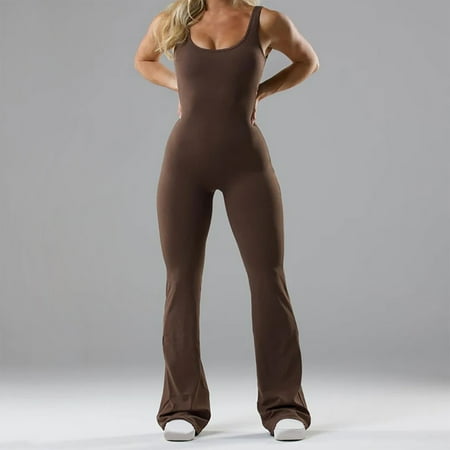 Tank Top Bodysuit for Women Summer Tight Flared Hem Long Pant Body Suit Slimming Pleated Cutout Back Bodycon Shapewear  Khaki  L