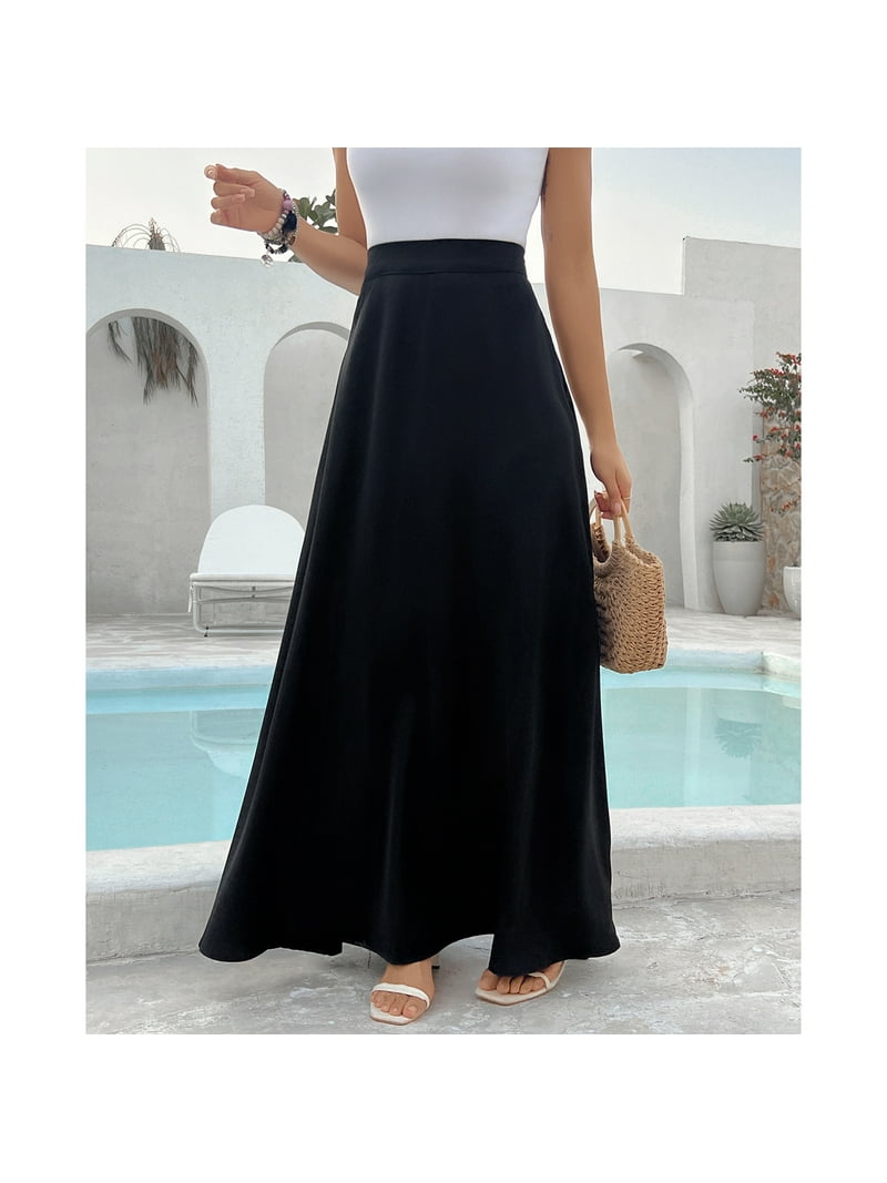 【iiort】Maxi Skirt Black SOMER Women's Pleated Casual Maxi Skirt, Black, High Waist