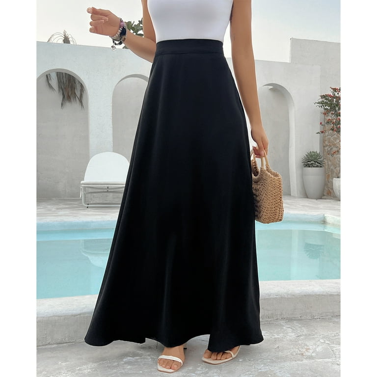 SOMER Women's Pleated Casual Maxi Skirt, Black, High Waist