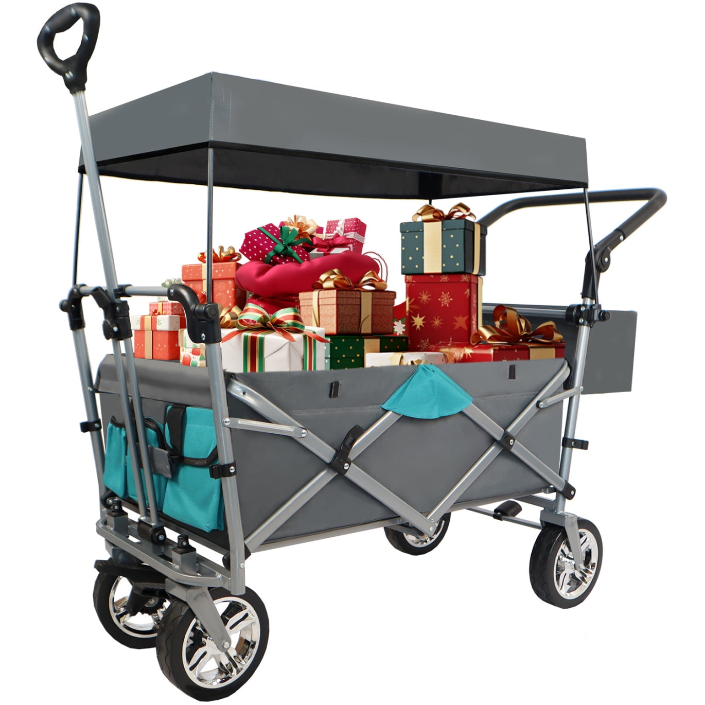 Heavy-Duty Folding Wagon with Removable Canopy - All-Terrain Collapsible Cart for Beach, Camping & Outdoor Adventures, 150 lb Capacity, Compact Foldable Design for Easy Storage & Transport