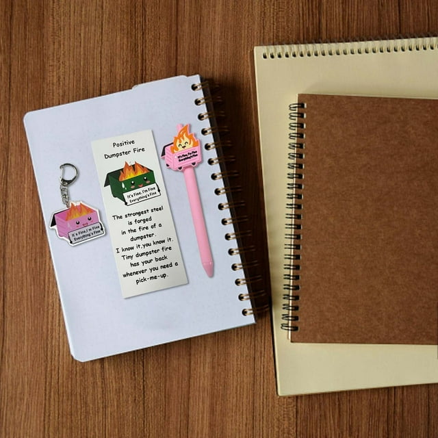 Funny Dumpster Fire Ballpoint Pen Acrylic Keychain Bookmark Set Funny Dumpster Fire Set Bookmark And Pen Set For Writing Enthusiasts 5ml Craft Table for Kids