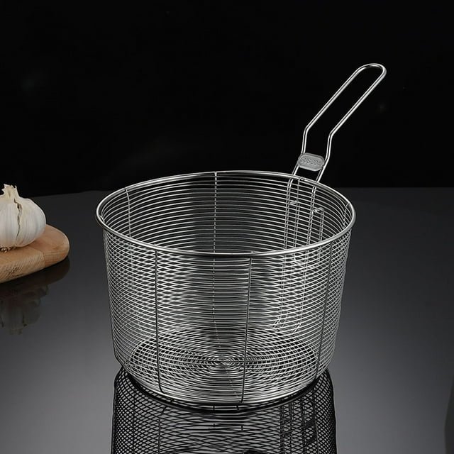 Stainless Steel Mesh Pasta Strainer and Multipurpose Kitchen Colander with Handle and Hanging Hook for Draining Frying Cooking