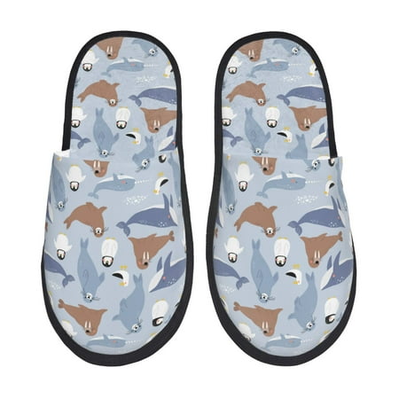 Balery Seal Fox Seagull Whales Slient Indoor Furry Fleece Comfort House Shoes Soft Non-Slip Home Shoes Cotton slippers House Slippers-- Large