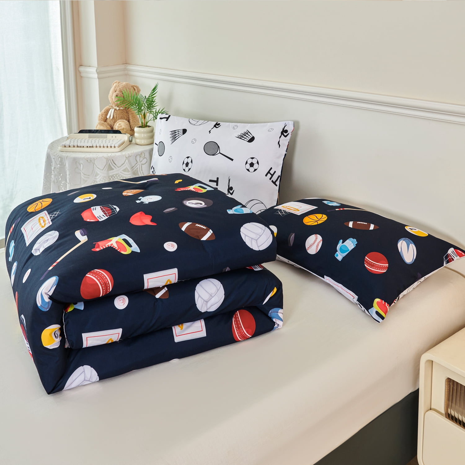 URBONUR Sports Kids Comforter Sets Twin Basketball Baseball Bedding Set for Boys 3Pcs Football Bed Sets Soft Microfiber Bedding Comforter Sets