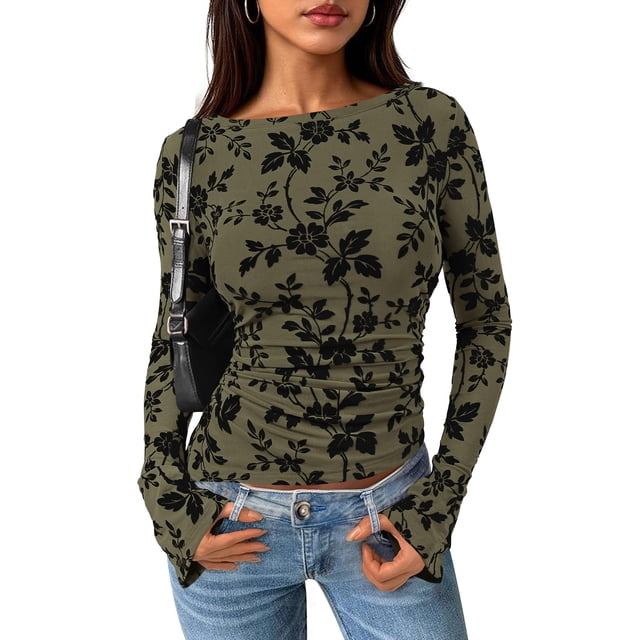 Blusa de Mujer PRETTYGARDEN Manga Larga con Estampado Floral y Malla Talla L