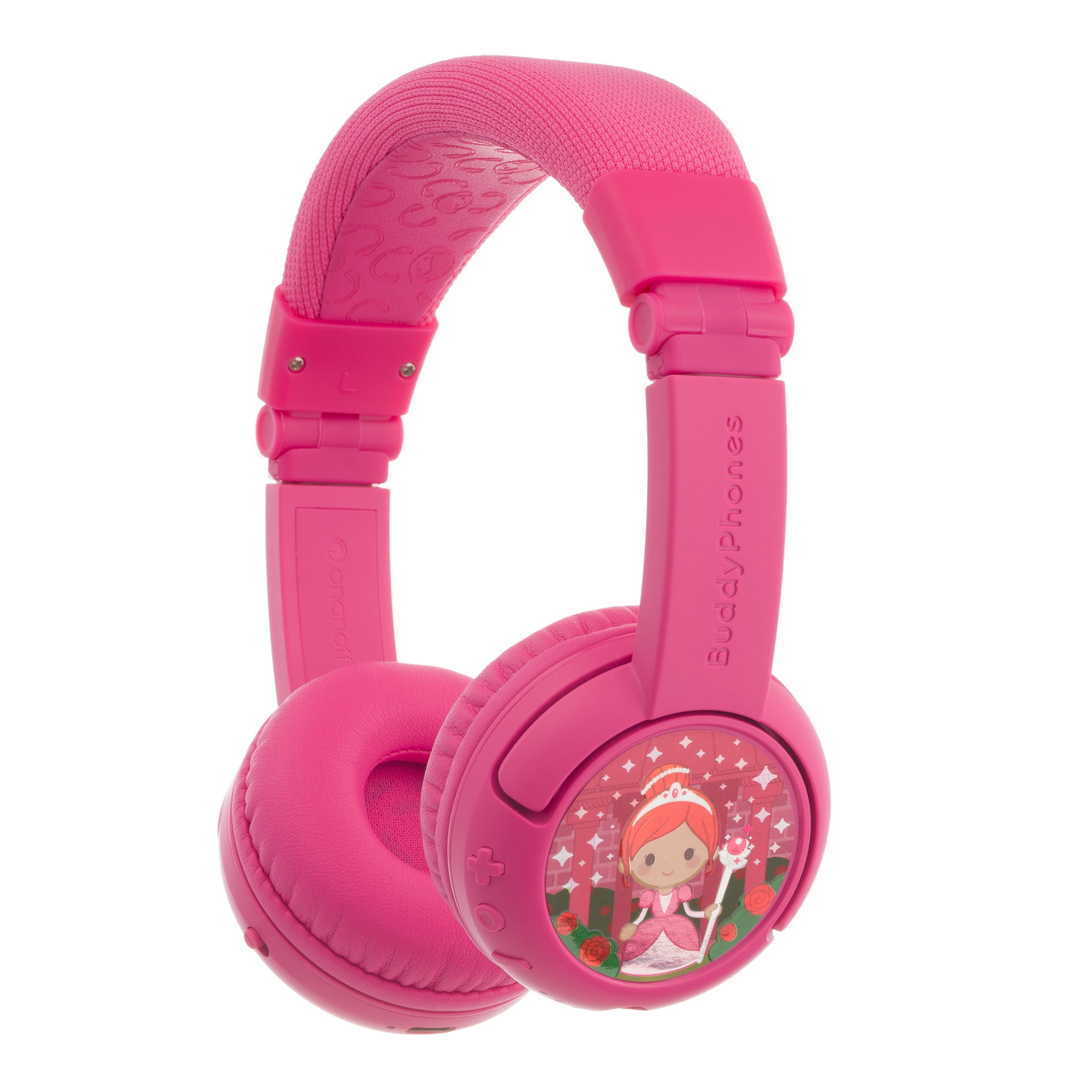 BuddyPhones Play+, On-Ear Bluetooth Wireless or Wired Foldable Kids Headphones with Mic, 3 Volume Limiting Settings, Voice Enhance StudyMode, 20-Hours Battery, Customizable Stickers, Rose Pink