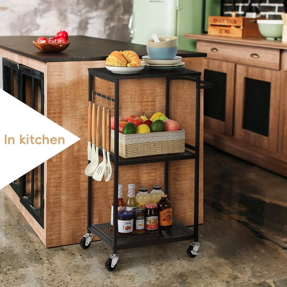 3-Tier Rolling Kitchen Cart, Black Metal Storage Trolley with Hooks and Lockable Wheels